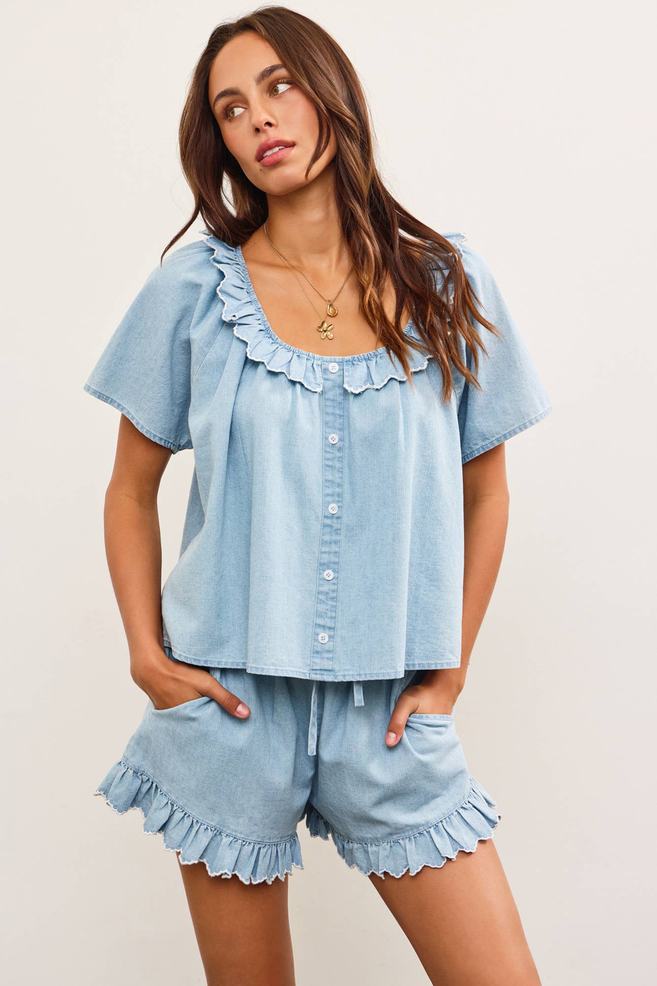 RUFFLE SCOOP NECK DENIM TOP