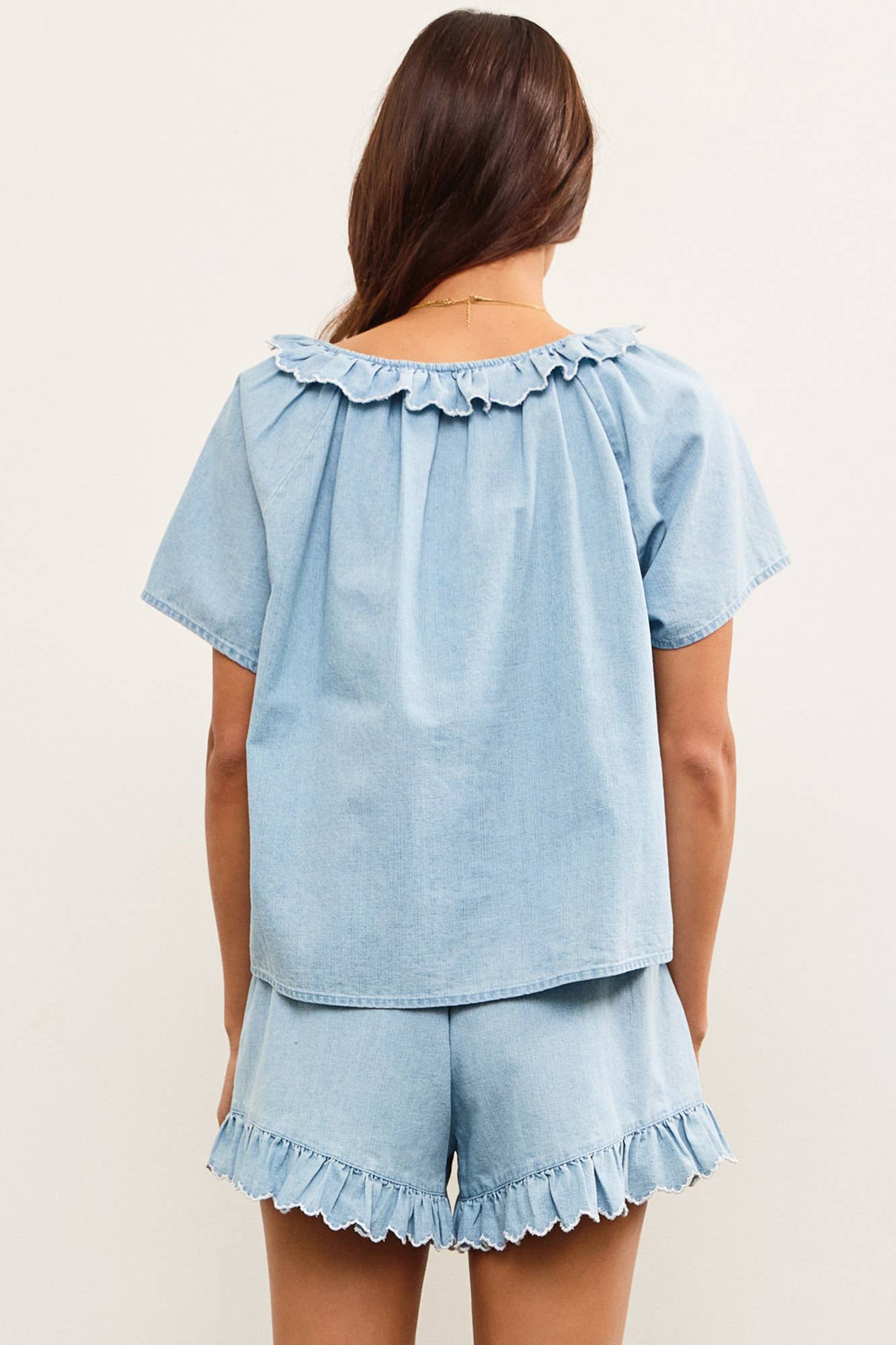 RUFFLE SCOOP NECK DENIM TOP