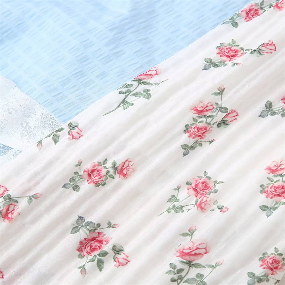 Floral sheer mesh lace patchwork halter maxi flare dress