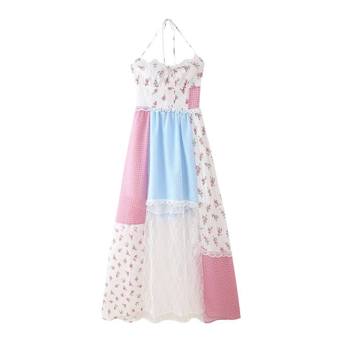 Floral sheer mesh lace patchwork halter maxi flare dress