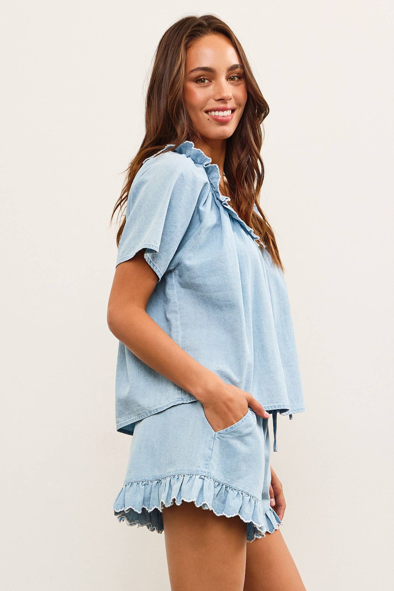 RUFFLE SCOOP NECK DENIM TOP