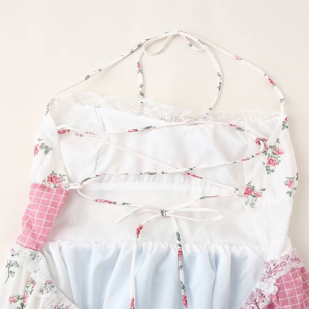 Floral sheer mesh lace patchwork halter maxi flare dress