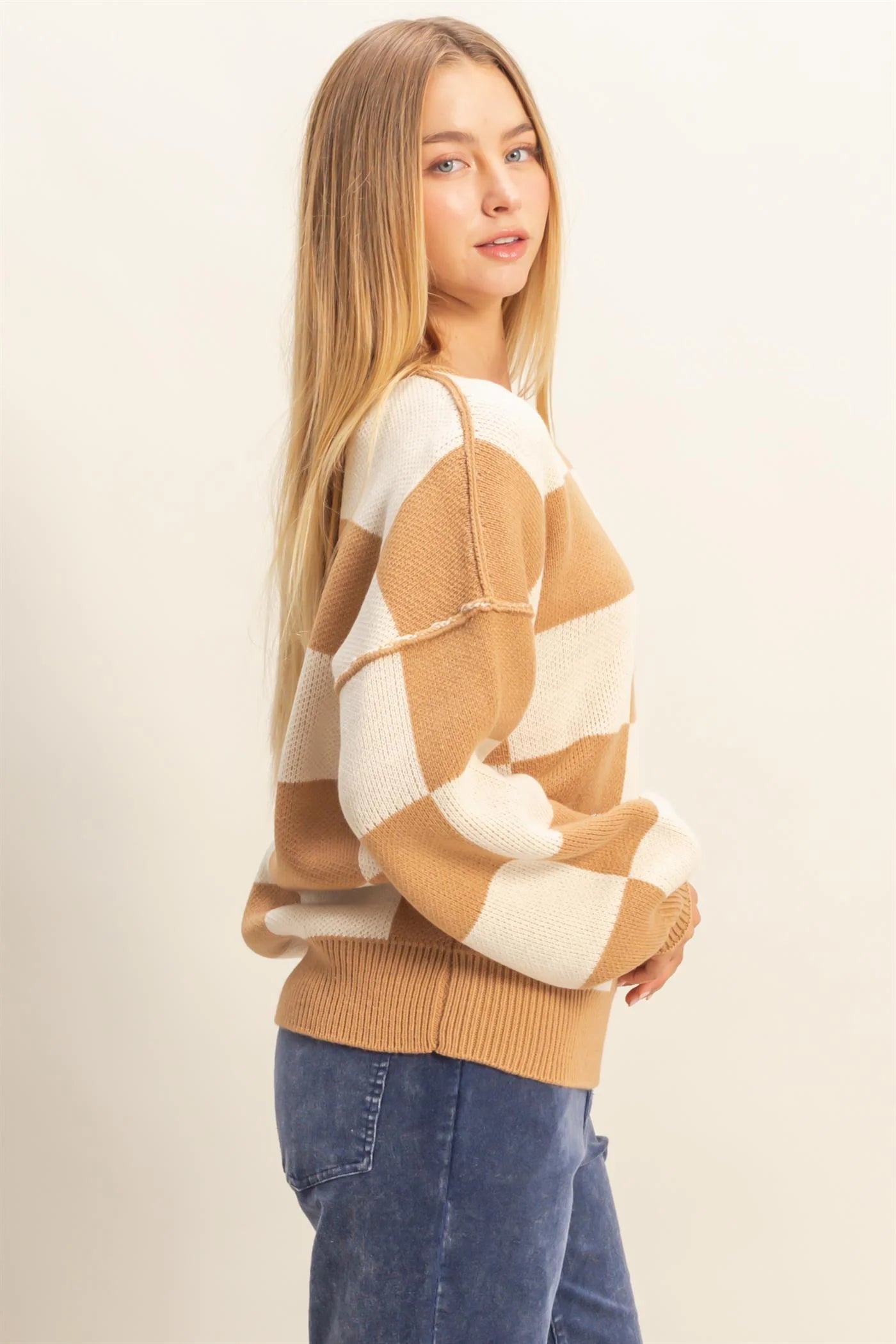 Tan/White Checkered Sweater