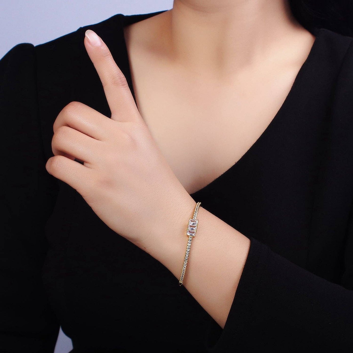 16K Gold Filled Triple Baguette CZ Stackable Bangle Bracelet