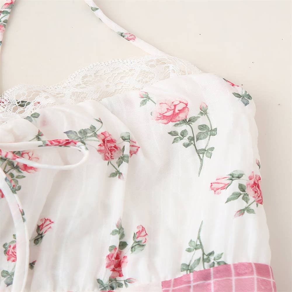 Floral sheer mesh lace patchwork halter maxi flare dress