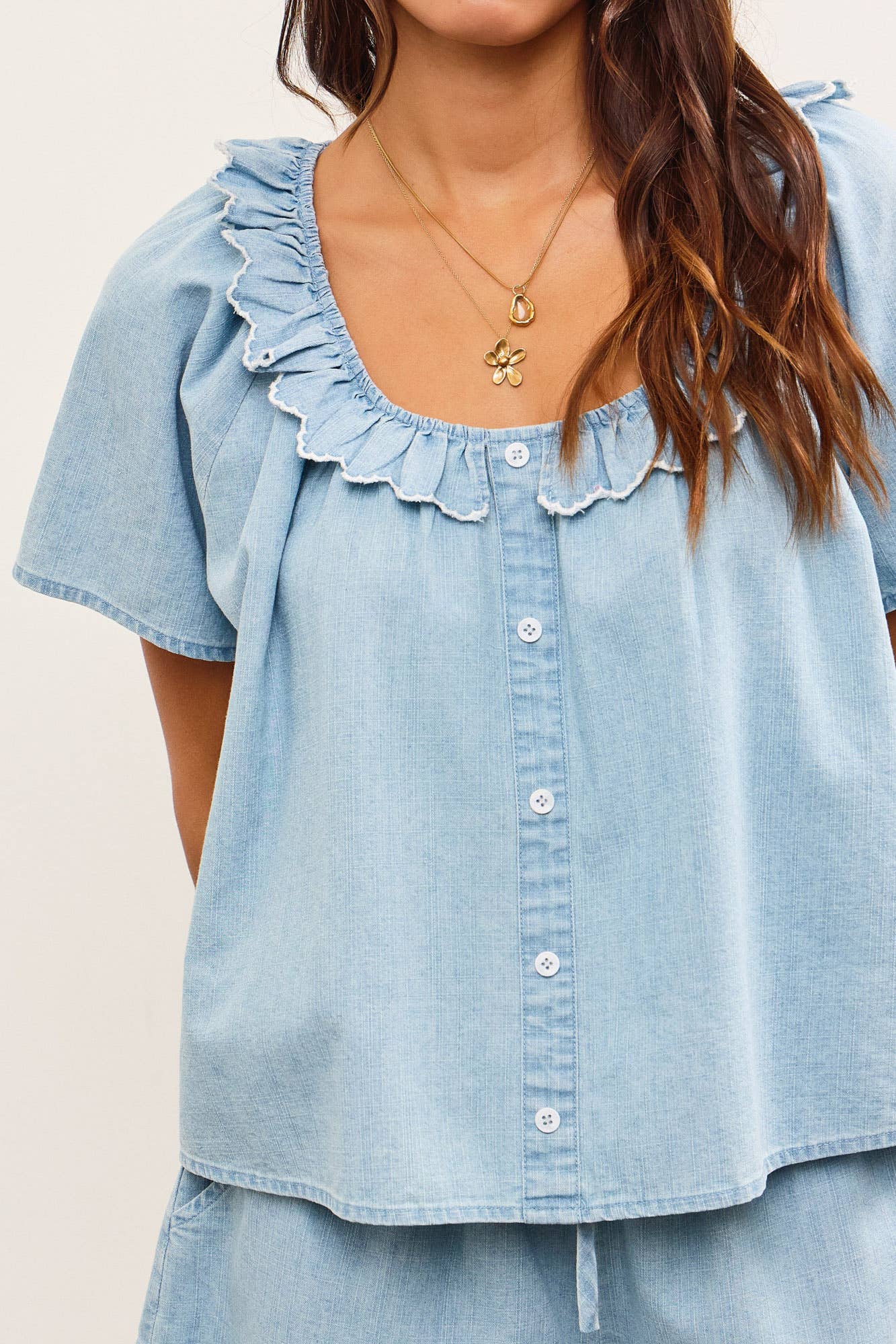 RUFFLE SCOOP NECK DENIM TOP