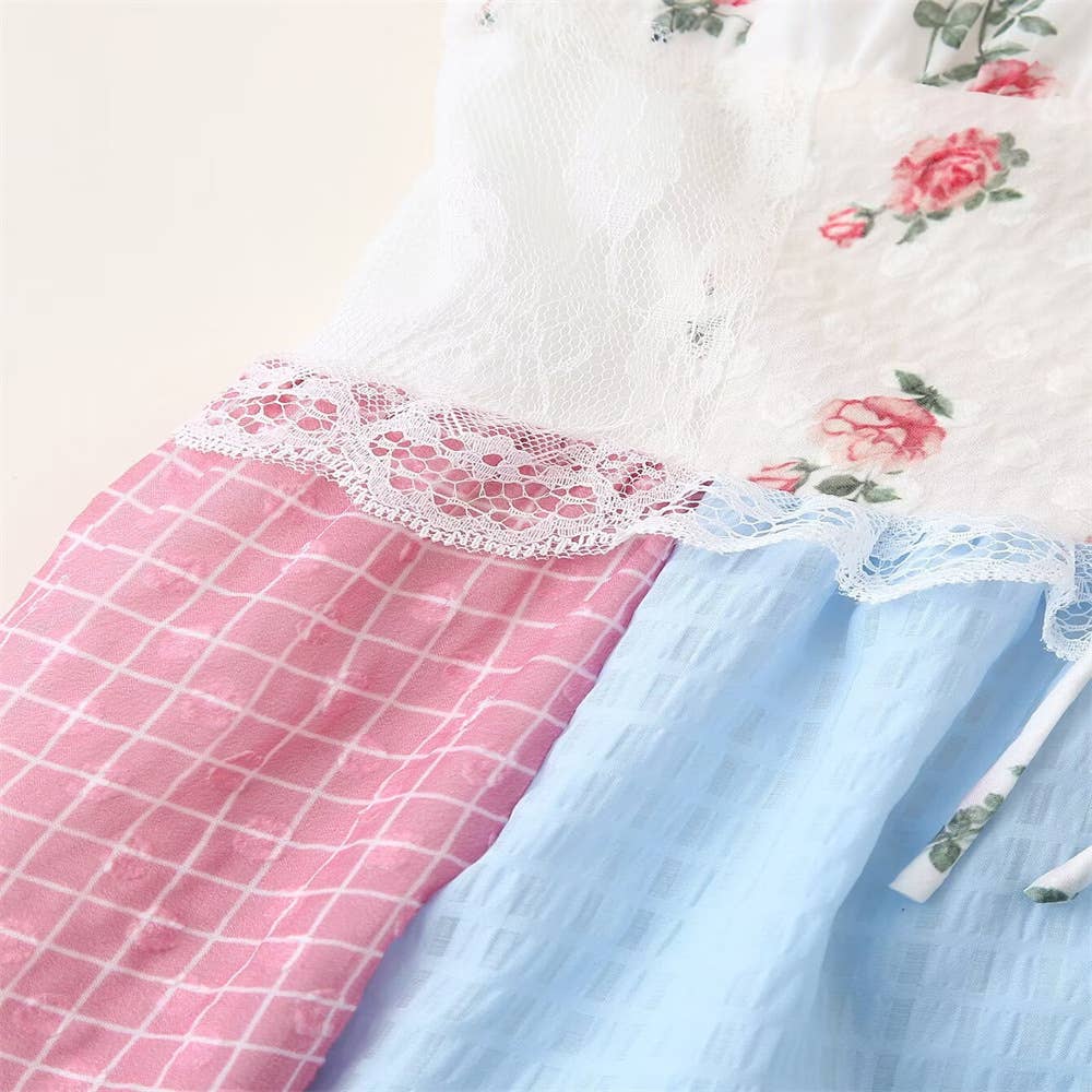 Floral sheer mesh lace patchwork halter maxi flare dress