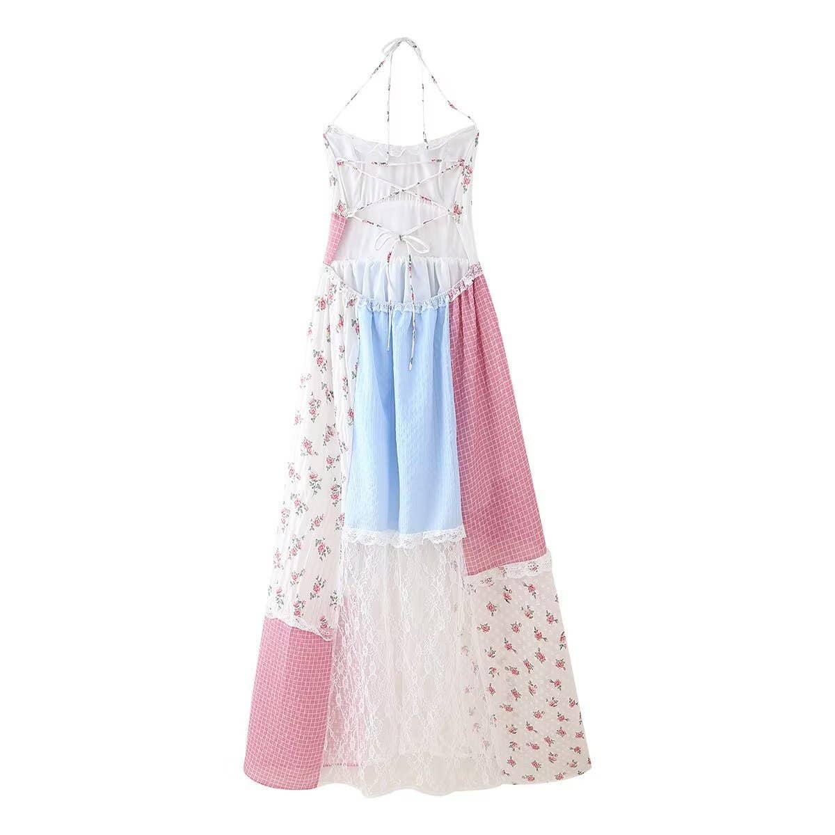 Floral sheer mesh lace patchwork halter maxi flare dress