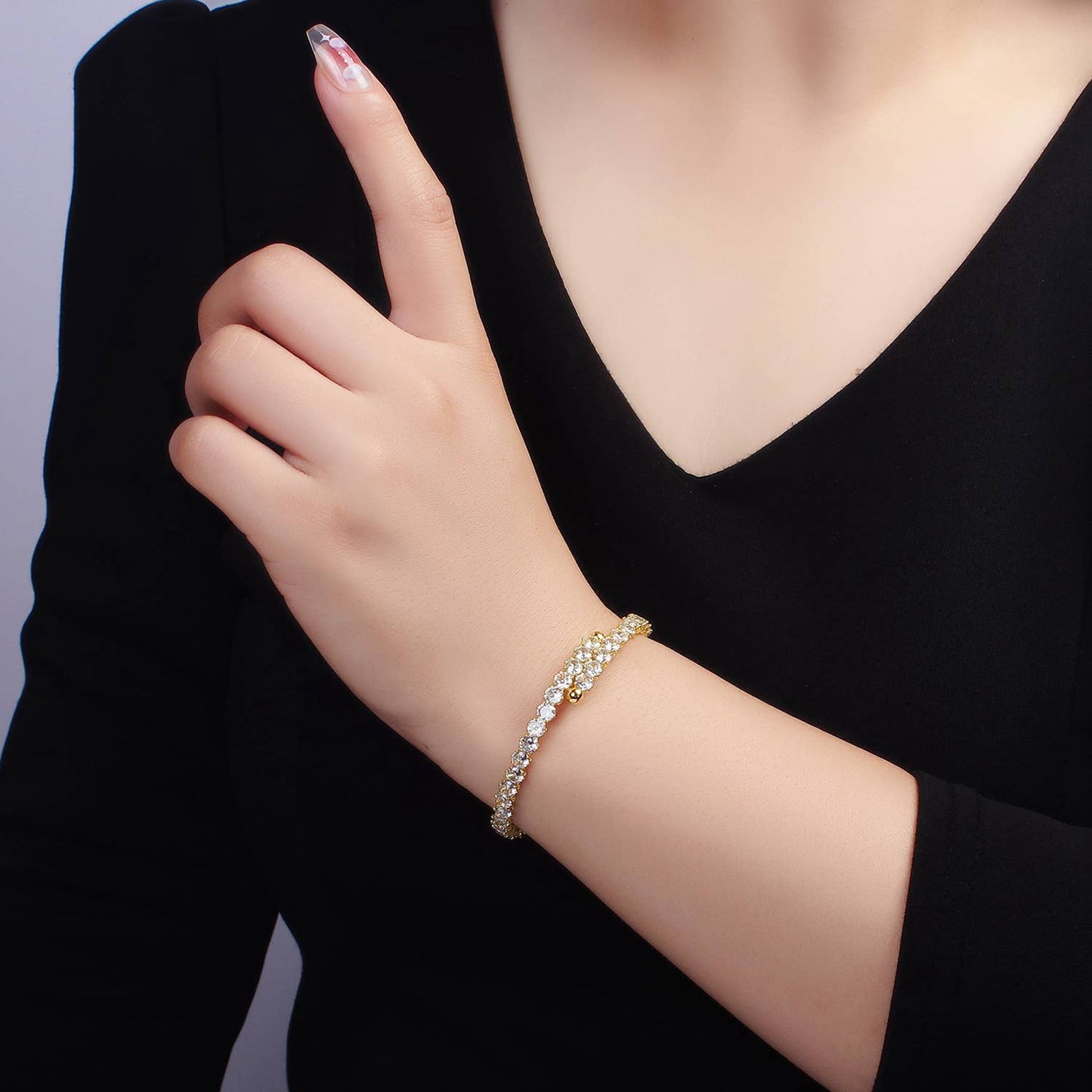 24K Gold Filled Clear CZ Bangle Cuff Bracelet | WA-2535