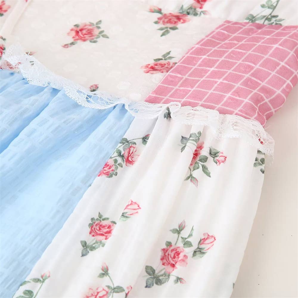 Floral sheer mesh lace patchwork halter maxi flare dress