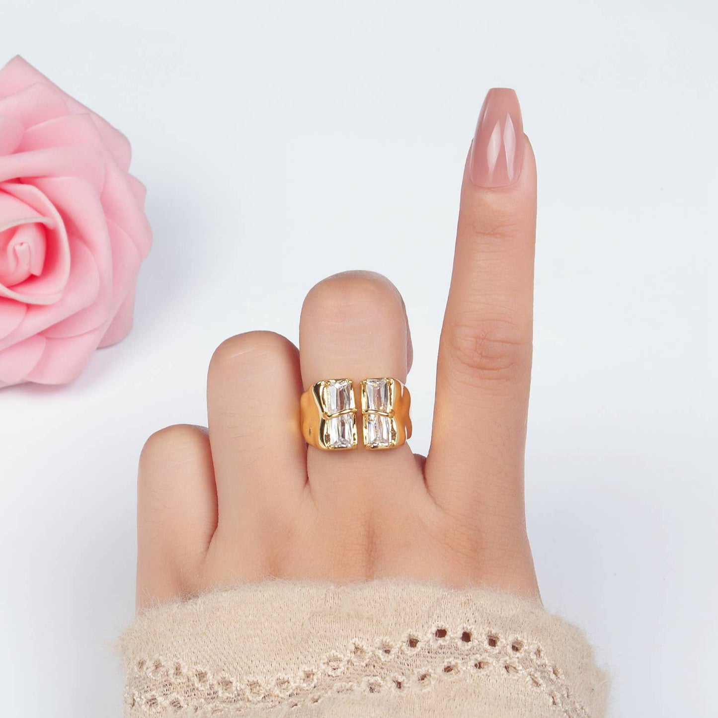 24K Gold Filled Double Baguette CZ Signet Wrap Ring | U330