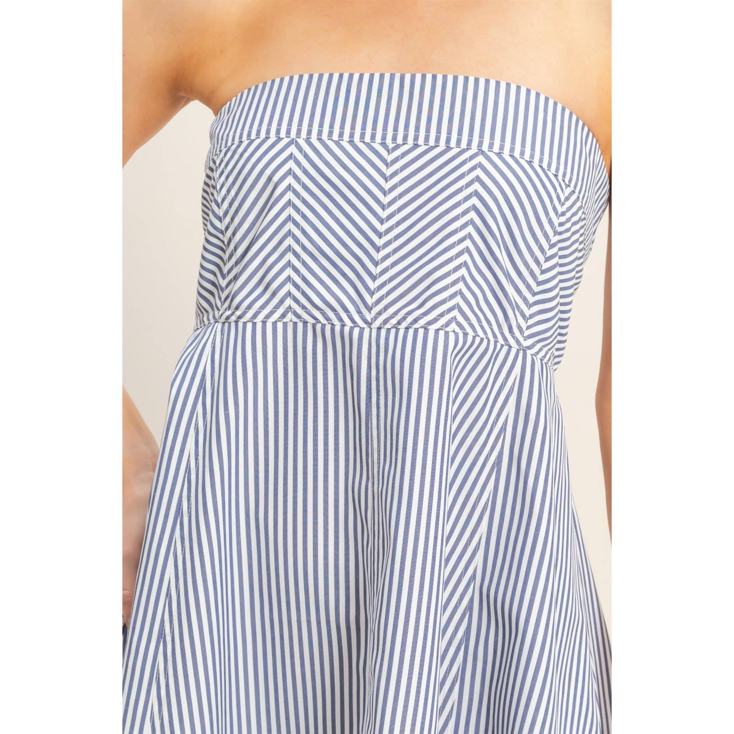 Navy Striped Strapless Dress