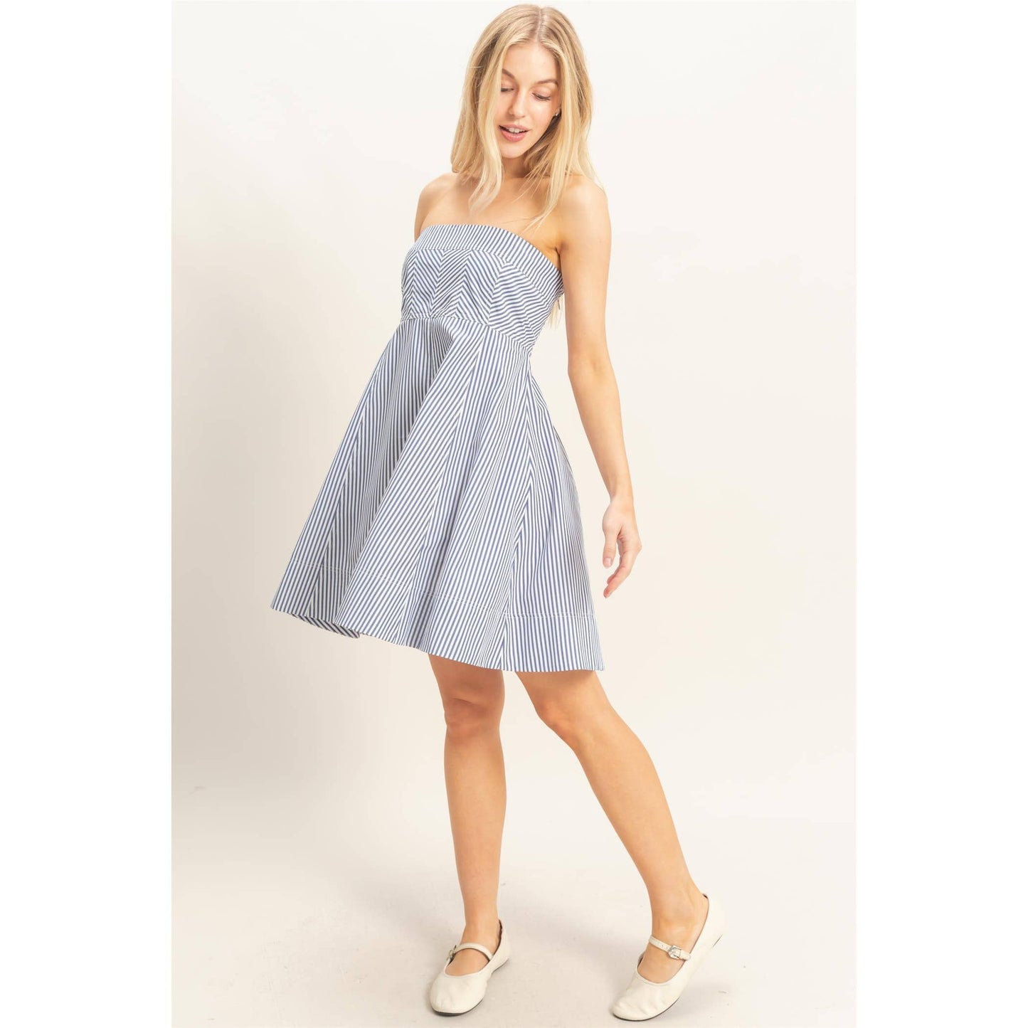 Navy Striped Strapless Dress