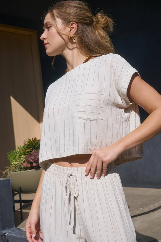 PINSTRIPE BACK BUTTON CROP TOP