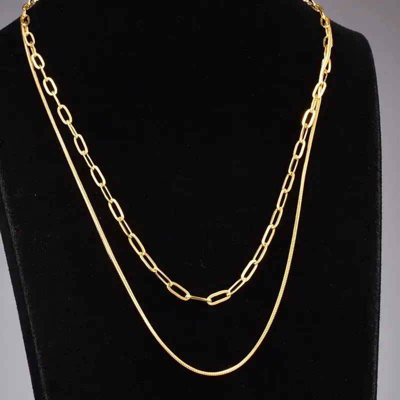 18K Gold Plated Double Layer Necklace, Paperclip Necklace
