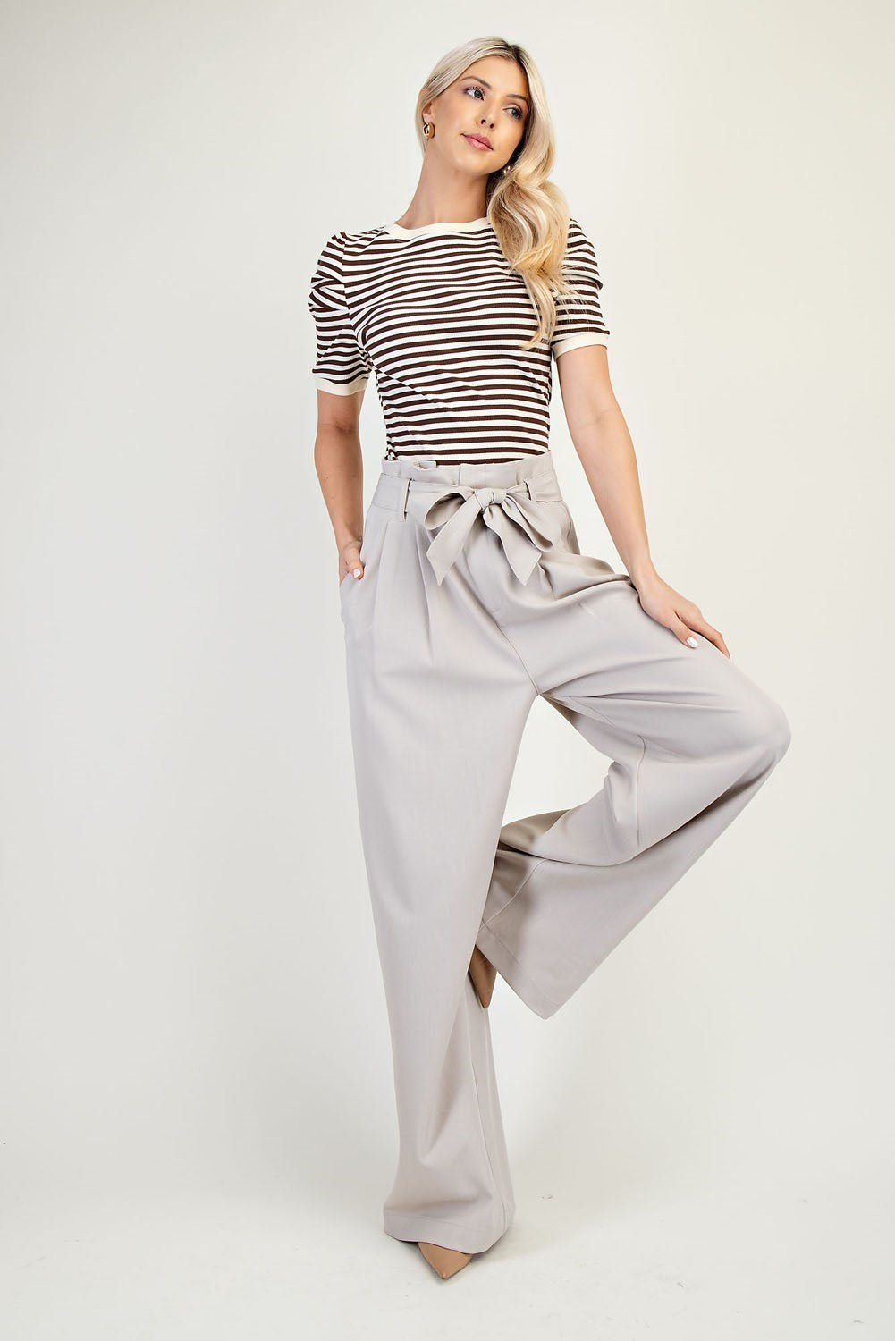 Taupe Wide Leg Belted Pant
