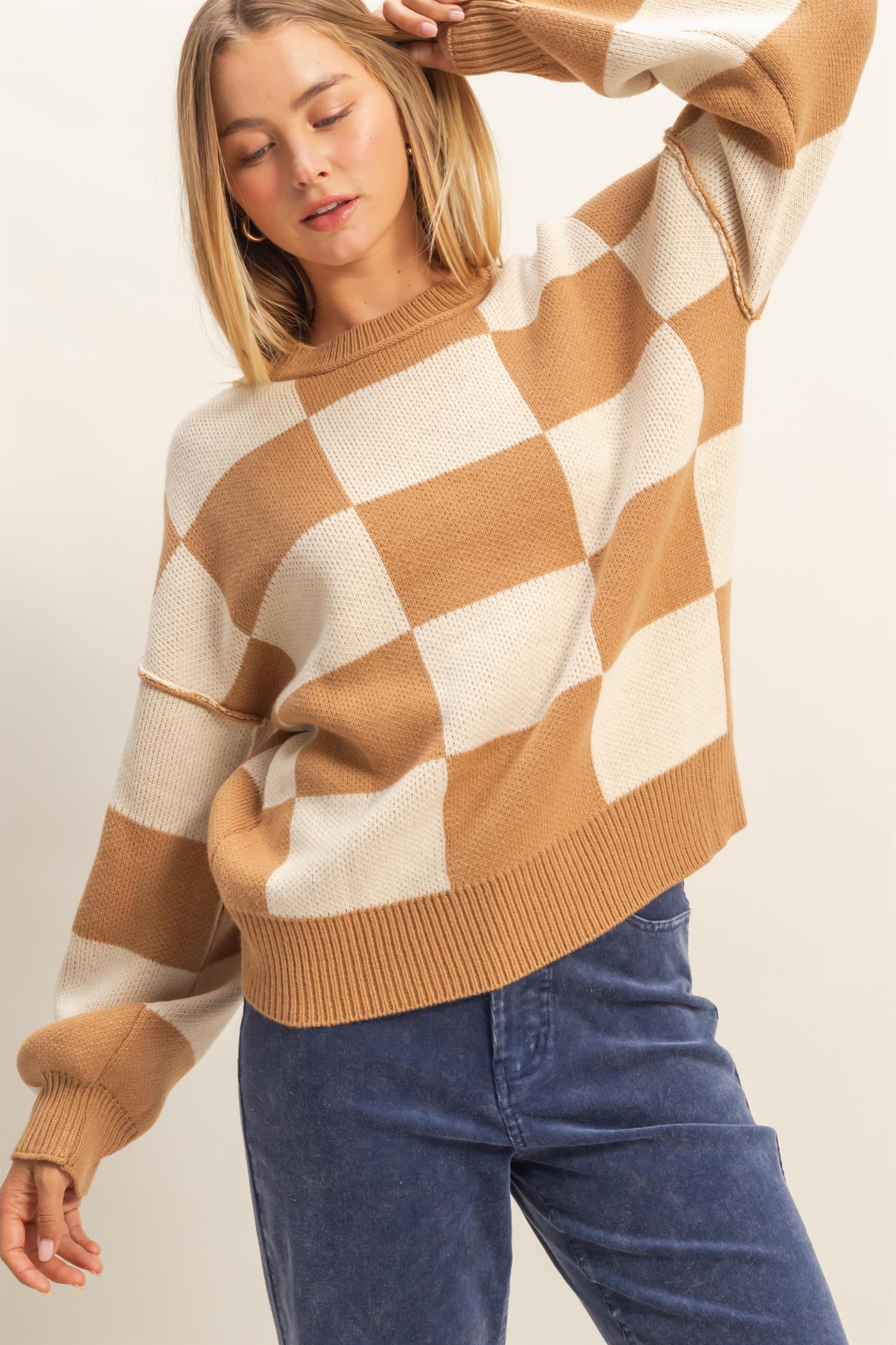 Tan/White Checkered Sweater