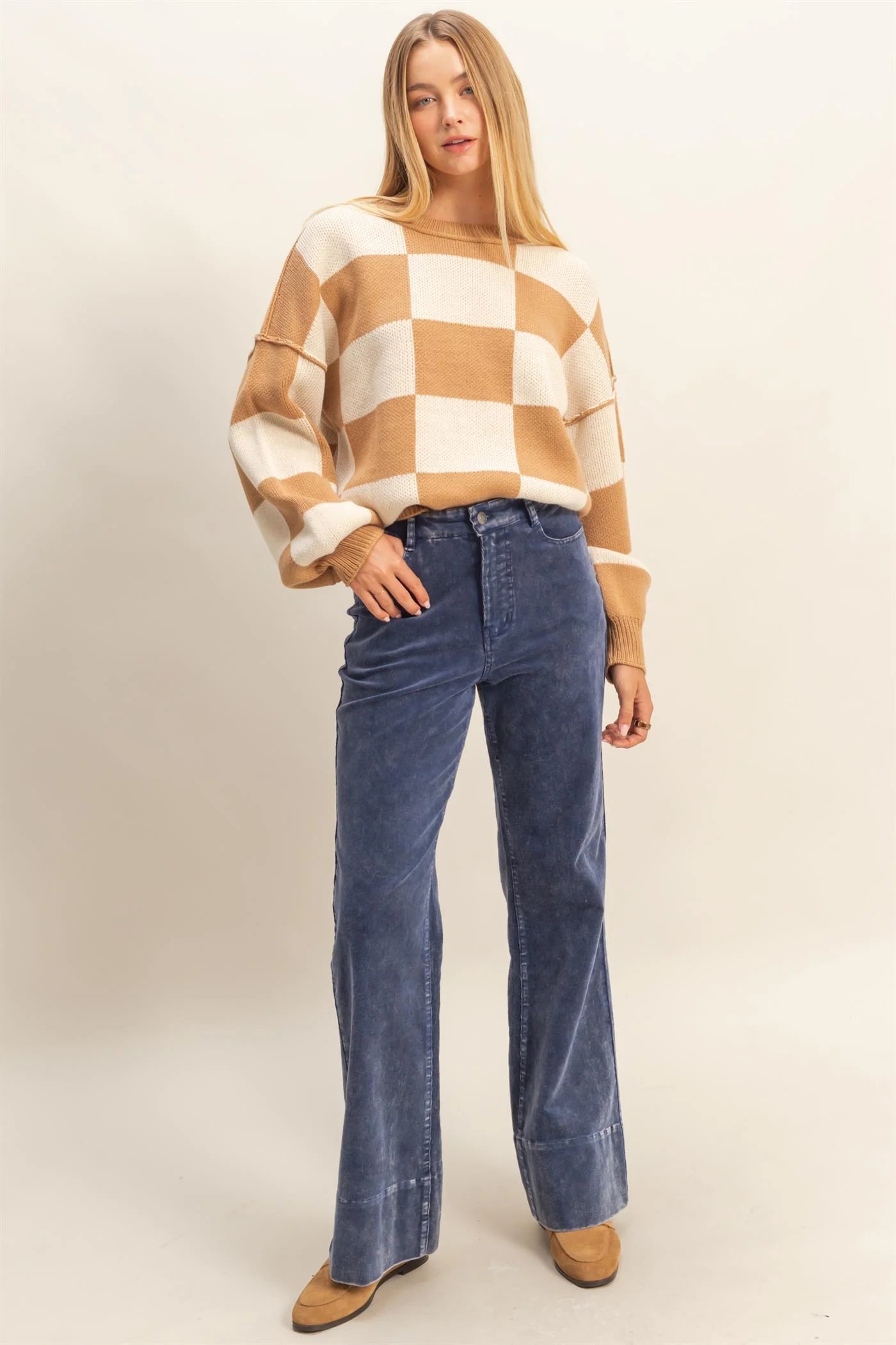 Tan/White Checkered Sweater