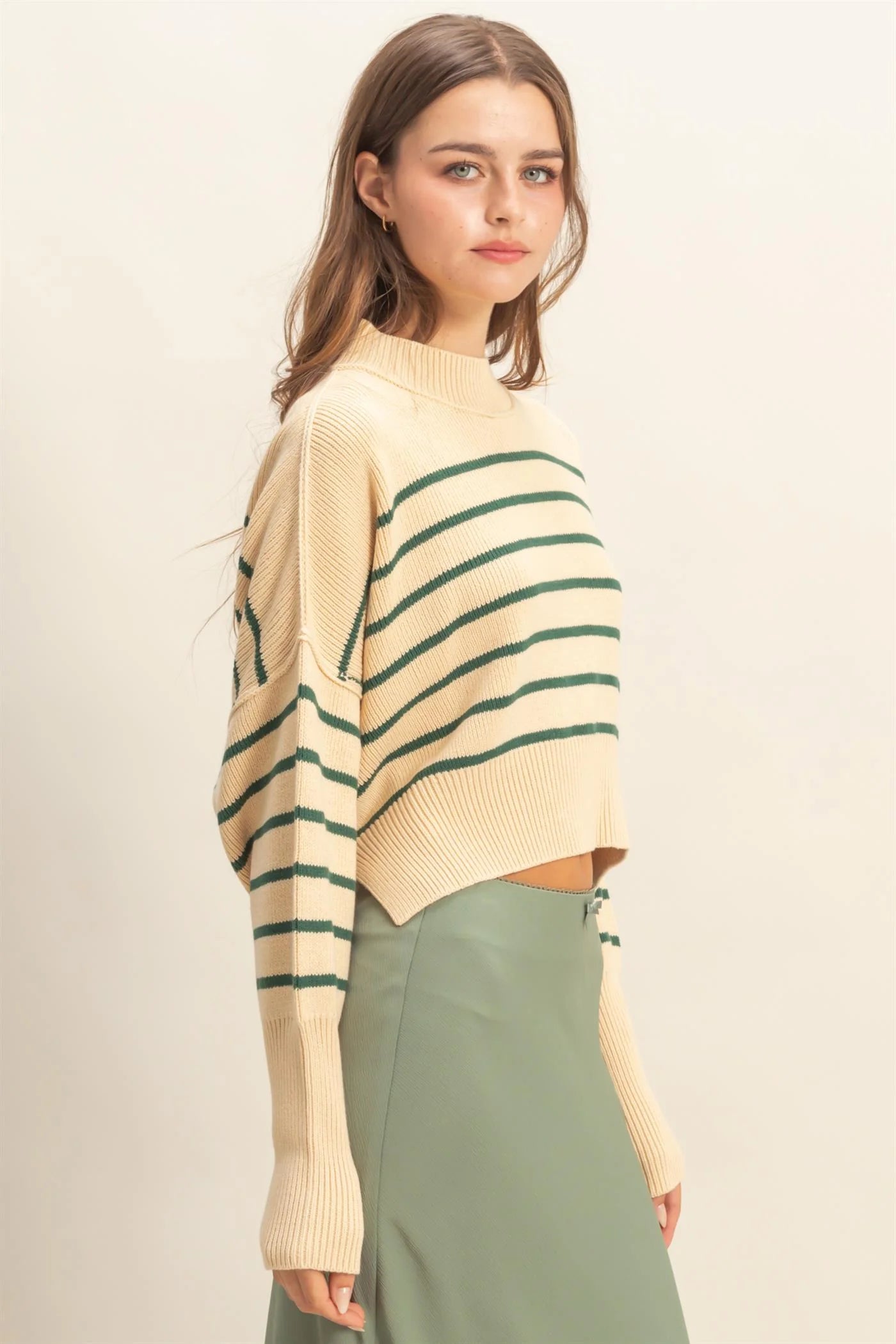 Green Stripped Mock Neck