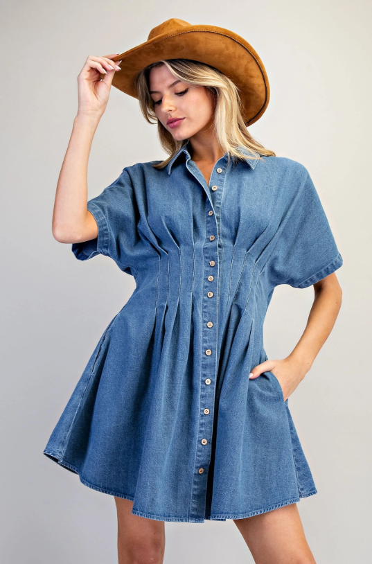 Pleated Denim Dress