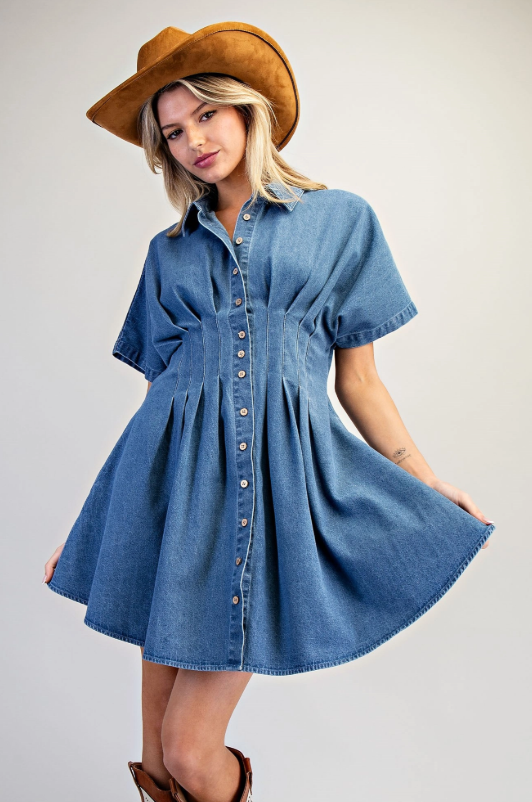 Pleated Denim Dress