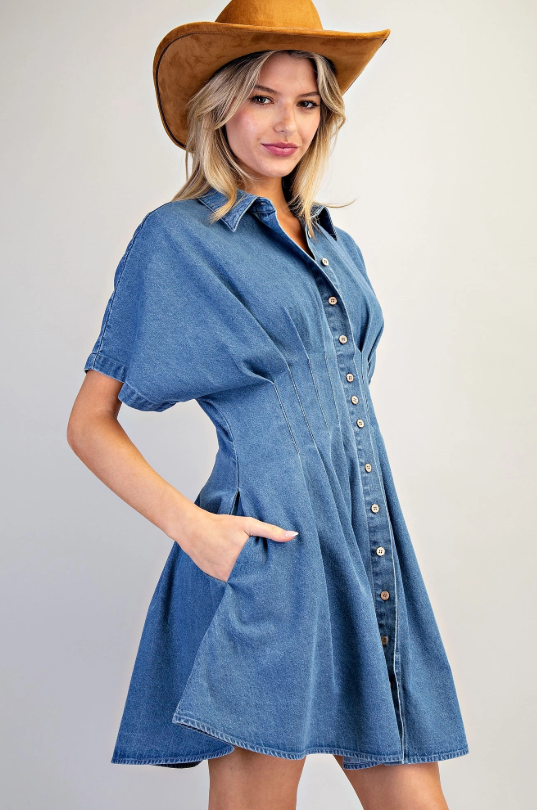 Pleated Denim Dress
