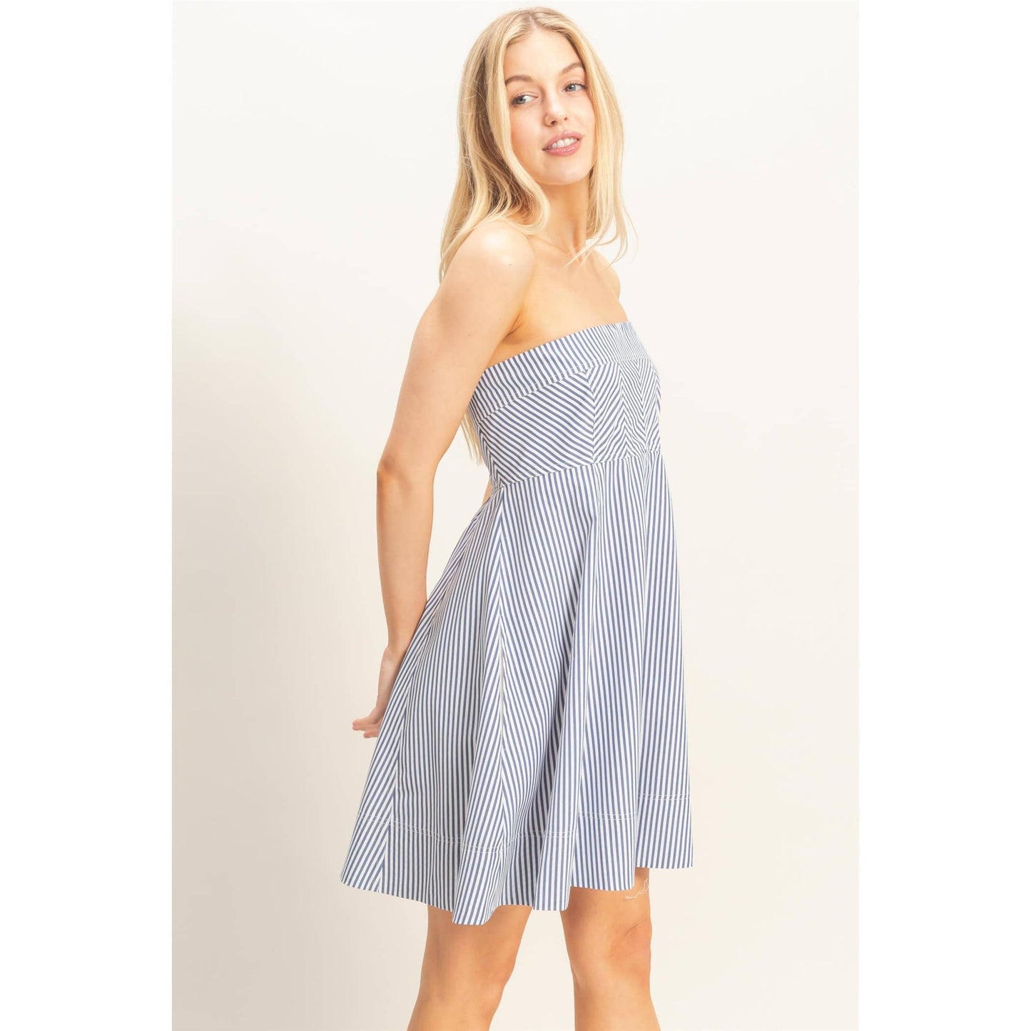 Navy Striped Strapless Dress