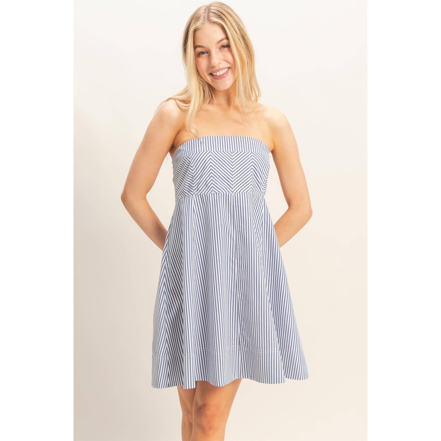 Navy Striped Strapless Dress