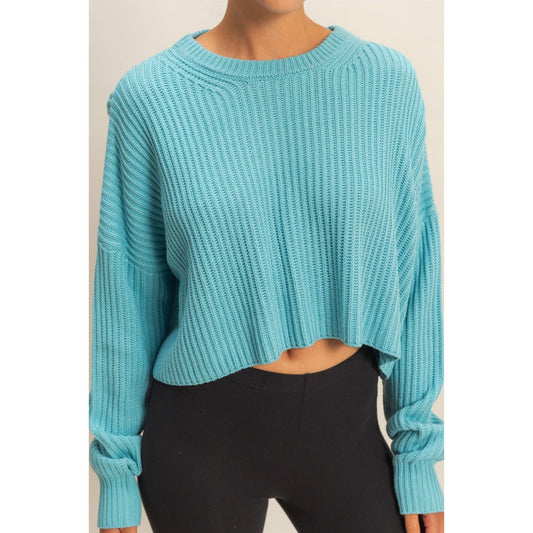 Cropped Knit Sweater With Crew Neck