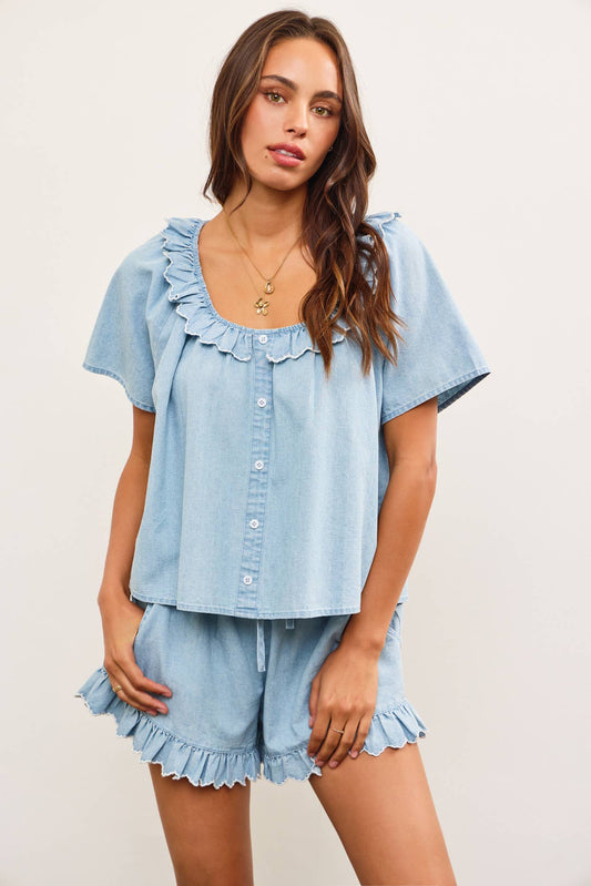 RUFFLE SCOOP NECK DENIM TOP