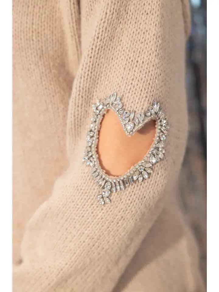 Jeweled Heart Cut Out Sweater